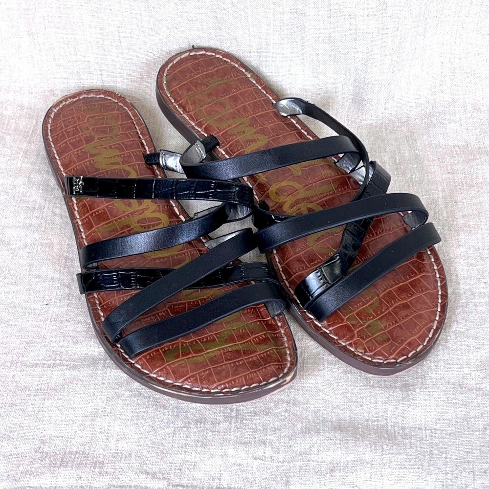 Strappy Flat Sandals Sam Edelman 9.5 Black Beach Resort Crocodile Embossed